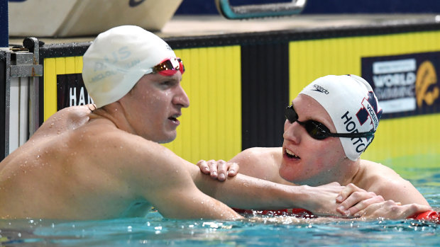 Australian swimmers Jack McLoughlin (left) and Mack Horton during last month's trials in Brisbane.