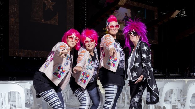 Elton John fans Tash Holtmeulen, Rebecca Kirby, Treena Skeggs-Grant and Sheridan McMahon ahead of his performance at Allianz Stadium on Tuesday night.