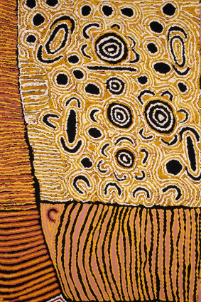 ‘Untitled (detail from Kiwirrkurra women’s painting)’ tapestry, 2007, Nanyuma Napangati with assistance from Polly Brown Nangala, woven by Mala Anthony, Milena Paplinska and Cheryl Thornton, wool, cotton,3.05 x 1.98m. Collection: Embassy Tapestry Collection. Currently on loan to the Australian High Commission, India. 