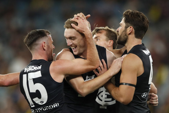 Oscar McDonald celebrates his first goal for Carlton.