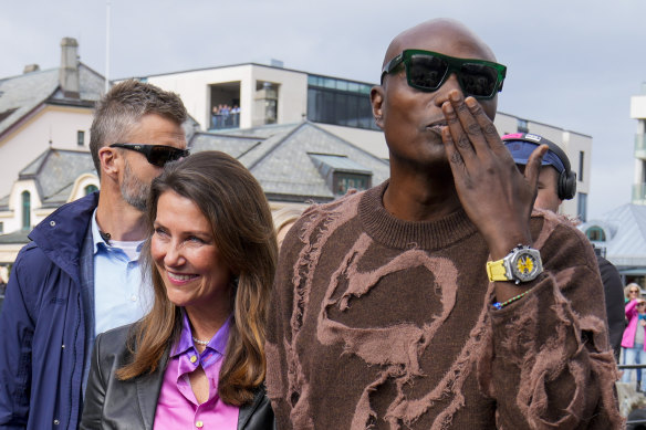 Norway’s Princess Martha Louise and Durek Verrett arrive at the pier in Alesund, Norway, on Friday.