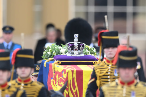 The Imperial State Crown rests on the coffin of Queen Elizabeth II.