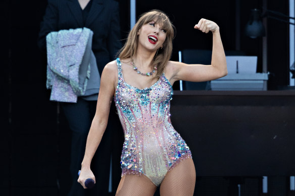 All power to her: Taylor Swift, in her Lover-era costume, at the first concert of her Australian tour at the MCG on Friday night.