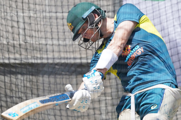 Steve Smith hard at work in the nets on Tuesday.
