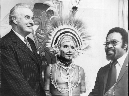 Australian Prime Minister Gough Whitlam and Chief Minister of Papua New Guinea Michael Somare attended the opening of Papua New Guinea House in Clarence Street on July 26, 1974.