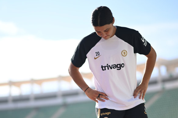 Kerr at a Chelsea training session during the summer camp in Morocco where she ruptured her ACL.