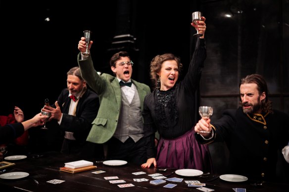 Syd Brisbane, Simon Chandler, Joanna Halliday, and Gabriel Partington in Edwardian garb in Three Sisters. 