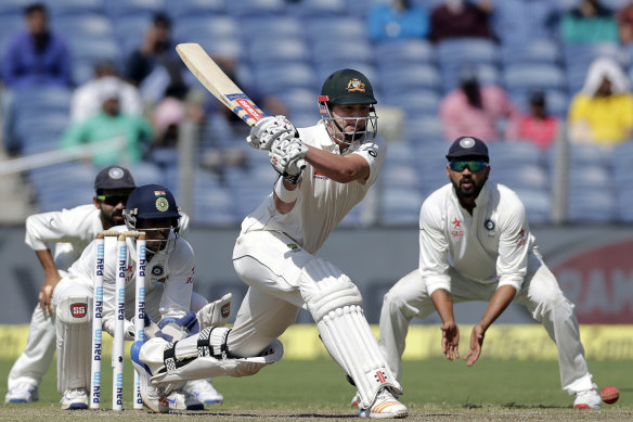 Matt Renshaw reverse sweeps in Pune in Australia’s 2017 victory.