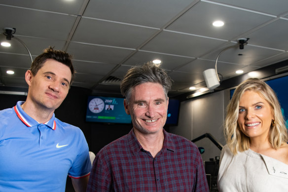 The new 2Day FM breakfast radio team hopes to make a dent in Kyle and Jackie O's ratings. From left, Ed Kavalee, Dave Hughes and Erin Molan. 