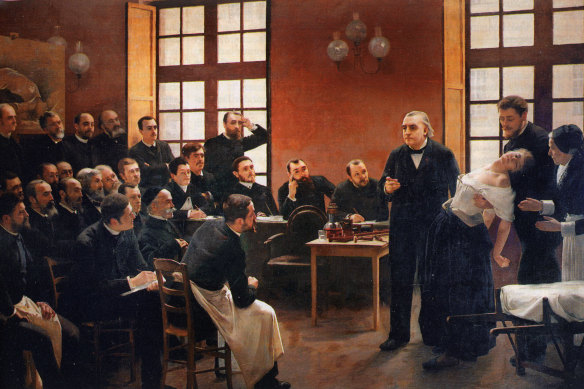 One of Jean-Martin Charcot’s public exhibitions at Paris’ Salpetriere Hospital Asylum, 1887.