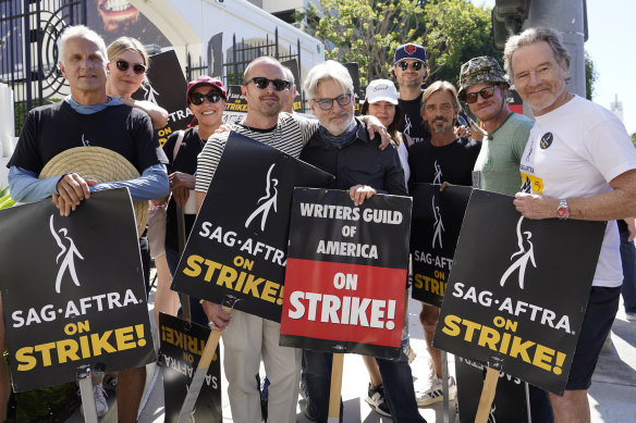 Cast and writers from “Breaking Bad” and “Better Call Saul” on a picket line outside Sony Pictures studios.