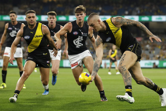 Richmond superstar Dustin Martin against Carlton in round one of 2021.