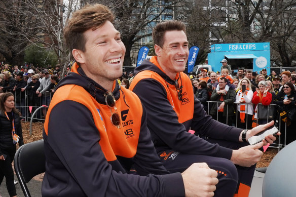 Toby Greene and Jeremy Cameron soaking up last year's grand final parade. Both have been appointed to the GWS Giants' new-look leadership group.