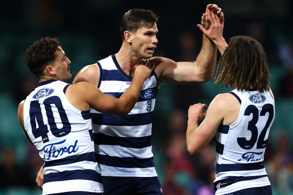 Geelong spearhead Tom Hawkins booted three goals at the SCG.