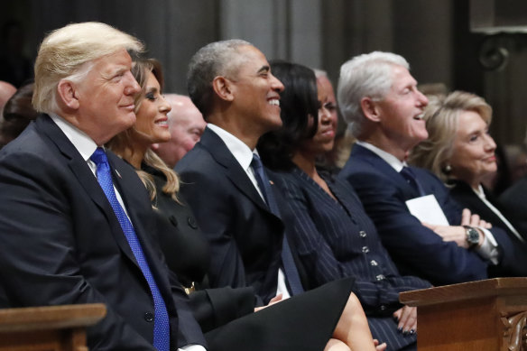 At the 2018 funeral for former president George H.W. Bush, from left: then president Donald Trump and first lady Melania Trump, Barack and Michelle Obama, and Bill and Hillary Clinton.
