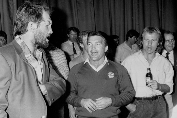 Ray Price, John Monie and Peter Sterling celebrate at Parramatta Leagues Club after the Eels’ 1986 grand final victory.