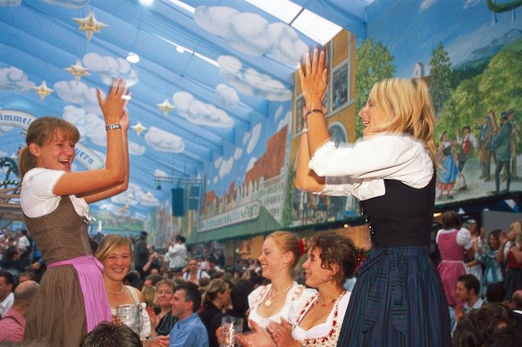 Inside a beer tent at the Oktoberfest in Munich.