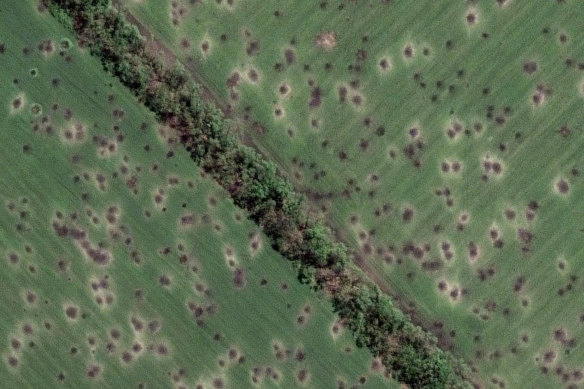 A field peppered with craters caused by artillery, northwest of Slovyansk, Ukraine.