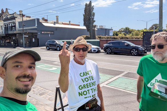 Advance anti-Greens campaigner (centre) at the Prahran by-election in February. The Liberals regained the seat.