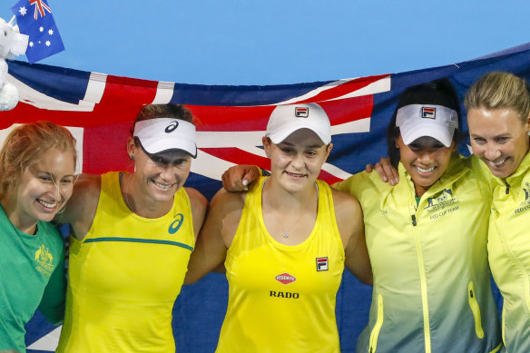 Australia's Fed Cup team, from left, Daria Gavrilova, Sam Stosur, Ashleigh Barty, Priscilla Hon and Alicia Molik. 