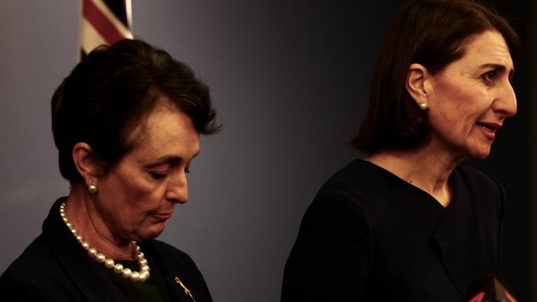 NSW Premier Gladys Berejiklian, right, stands beside Ms Goward as she announces her decision to quit.