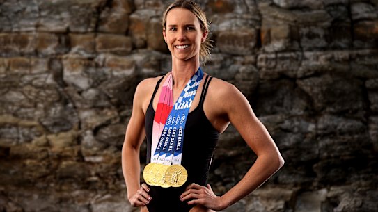 Emma McKeon with her amazing haul of medals from the Tokyo Olympics.