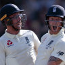 Jack Leach, left, and Ben Stokes celebrate.