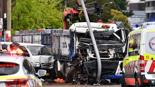 The scene of a truck crash at Green Square in Sydney.