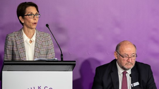 Jayne Hrdlicka and a2 chairman David Hearn at the dairy group’s November 2019 annual general meeting.