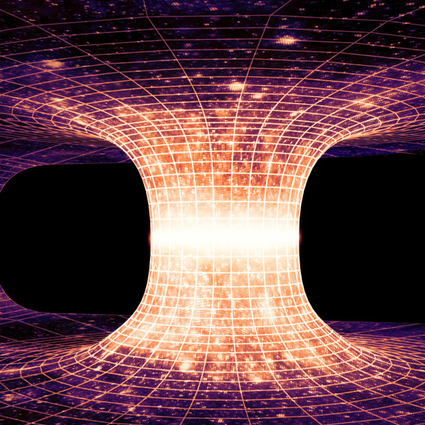 A wormhole, also known as an Einstein-Rosen bridge, which is a hypothetical tunnel between two points in time and space.