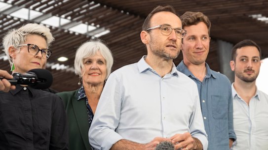 Greens leader Adam Bandt (front) with senate candidate Penny Allman-Payne, Ryan candidate Elizabeth Watson-Brown, Griffith candidate Max Chandler-Mather and Brisbane candidate Stephen Bates, who all look likely to be elected.