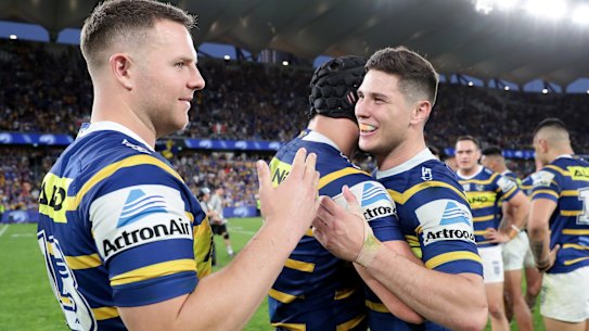 Parramatta Eels players Nathan Brown and Mitchell Moses celebrate at Bankwest Stadium.