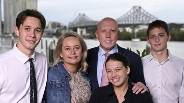 Peter Dutton, pictured with his family, is keen to project a softer image.