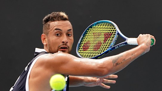Nick Kyrgios shows his style at Melbourne Park on Saturday and admits to being disappointed compatriot Alex de Minaur is missing the Australian Open through injury. 