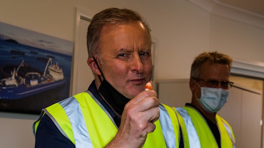 Anthony Albanese at Tassal’s Prawn farm in Proserpine.