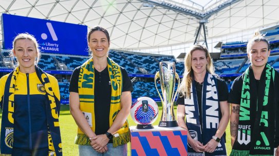A-League Women stars Taren King, Emily Gielnik, Elise Kellond-Knight and Chloe Logarzo at Allianz Stadium on Friday.