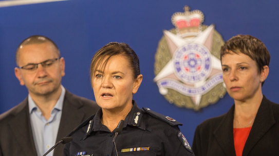 'They're not just numbers': Road Policing Commander Libby Murphy (centre) with TAC chief executive Joe Calafiore and Road Safety Minister Jaala Pulford. 