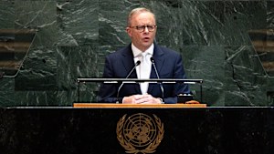 Prime Minister Anthony Albanese at the lectern addressing the United Nations in New York last year.