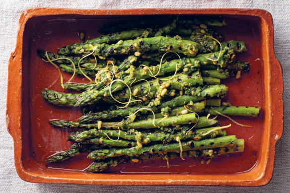 Grilled asparagus with pine nut salsa.