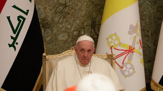 Pope Francis at Baghdad’s Presidential Palace, Iraq, Friday, March 5, 2021. 