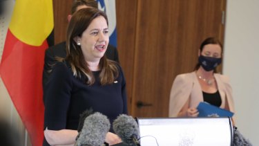 Queensland Premier Annastacia Palaszczuk announcing the state’s roadmap to reopening on Monday. 