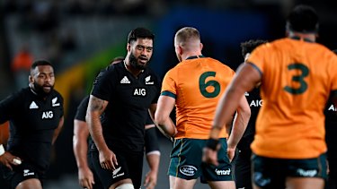 Akira Ioane has words with Lachie Swinton during Bledisloe II at Eden Park. 