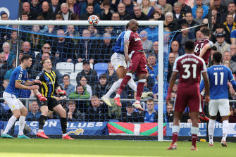 Angelo Ogbonna heads home for West Ham United against Everton at Goodison Park.