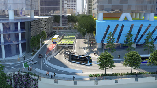 Concept images showing the planned entrance at North Quay for the Brisbane Metro Adelaide Street tunnel, not expected to be ready for use until late 2024.
