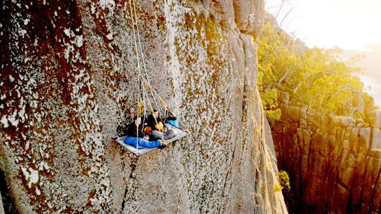 Sweet dreams ... overnight on the portaledge suspended over a sheer 300 metre cliff face in the Mount Buffalo gorge.