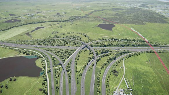 An illustration of the interchange between the M12 and Elizabeth Drive near the M7 and the planned motorway that will connect the M7 to the new Western Sydney Airport (orange line).