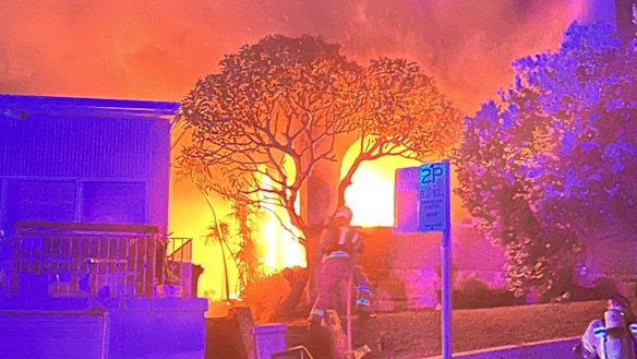 A blaze breaks out at the Bondi house of Jordan Shanks on the night it was firebombed in November 2022.