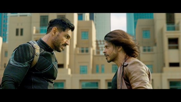 Skirting regional politics: John Abraham and Shah Rukh Kahn in Pathaan.