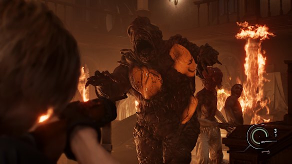 Leon needs to face multiple enemies at the same time, often while the room is on fire or the floor is falling apart.