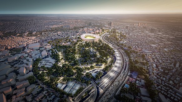 Blight Rayner’s vision for the Victoria Park stadium, at the north-west corner of the park.